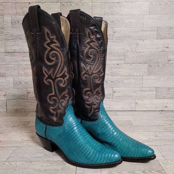 Justin Boots Shoes - Women's Justin Western Turquoise Lizard Leather Rodeo Cowboy Boots Size 6.5 B